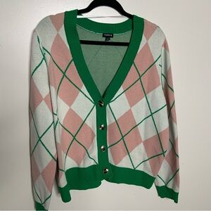 Torrid Green Pink White Argyle Cardigan Golf Outfit Soft Long Sleeve 1X